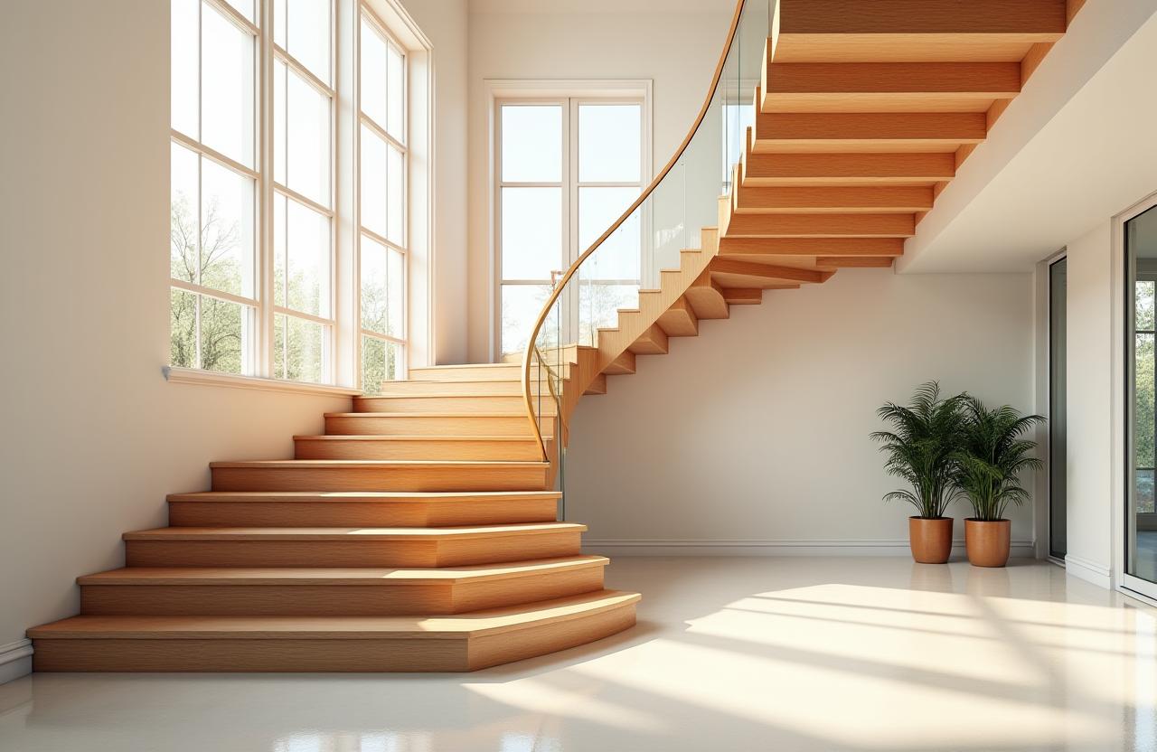 Una moderna escalera de madera en un interior luminoso y soleado.