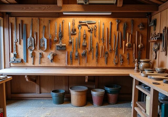 El interior de un taller de carpintería con herramientas colgadas en la pared.